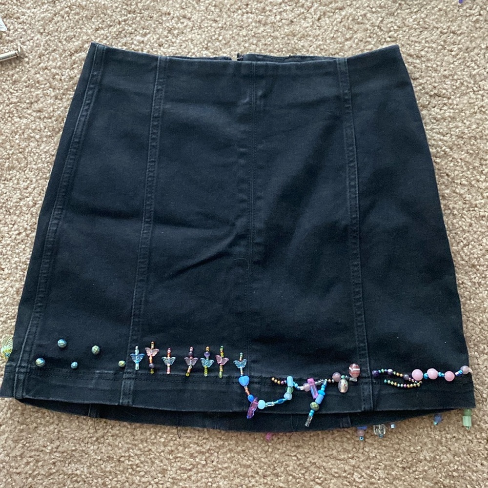 Black Denim Mini Skirt Upcycled Beaded